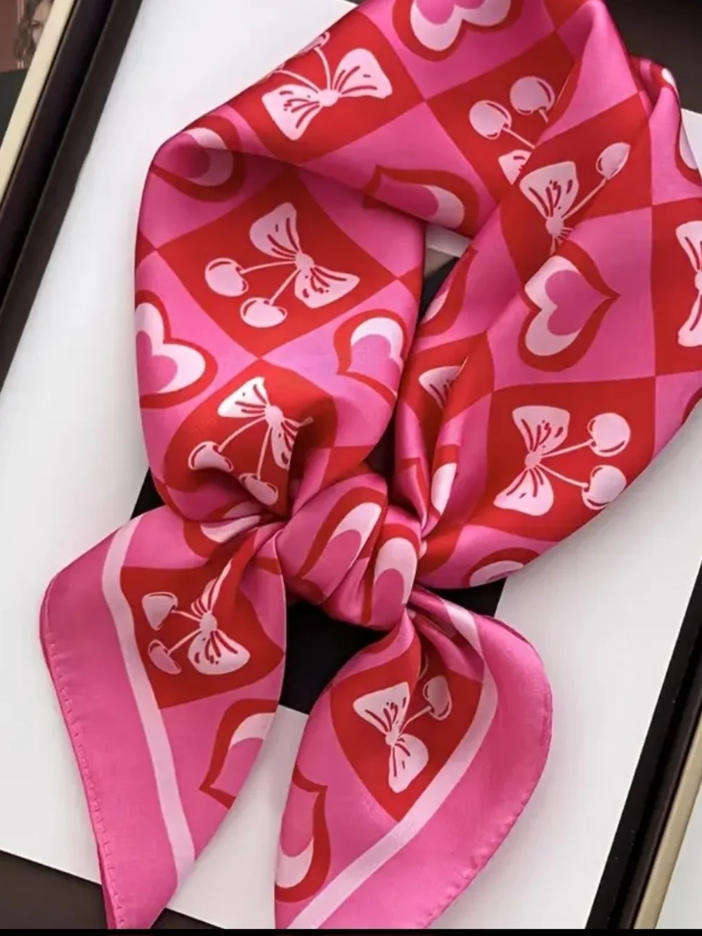 Silky- Feel Pink and Red Heart & Bow Pattern HeadScarf , Neckscarf 27.56x27.56in